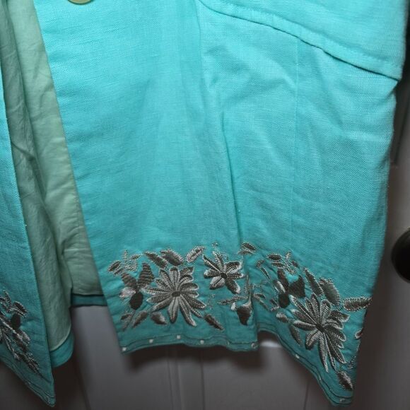 J. Jill 100% Linen Embroidered Duster Jacket Turquoise Aqua Blue Women's Size XS - Picture 7 of 15